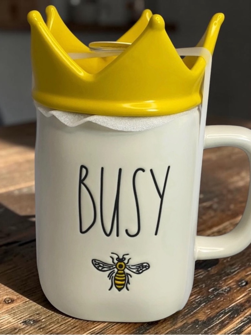 Rae Dunn Ceramic 'Busy' Bee Crown Mug with Yellow Lid topper New